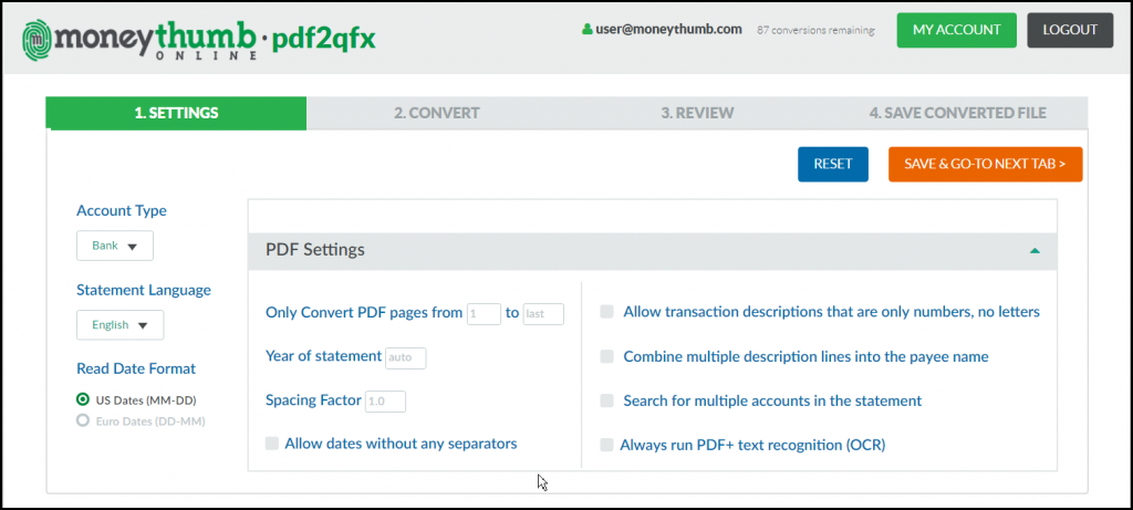 pdf2qfx Online Settings